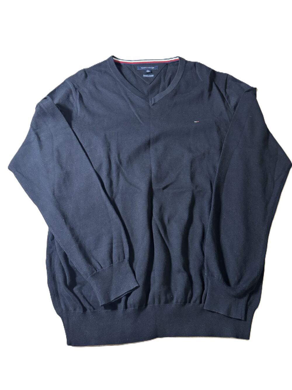 Tommy Hilfiger Mens XL Black Premium Cotton V Neck Pullover Sweater Logo